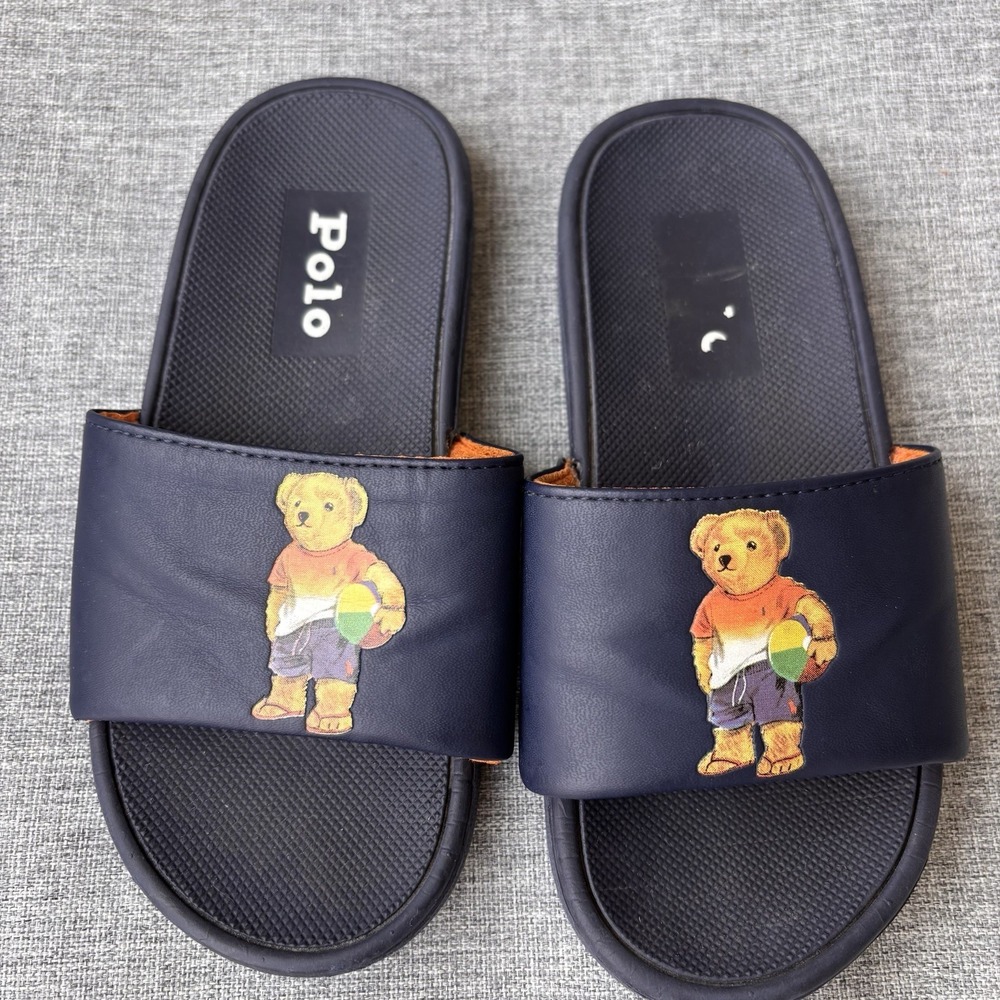 POLO Ralph Lauren Little Boy's Cayson-Bear Slides Blue Sandals Beach Sz 12